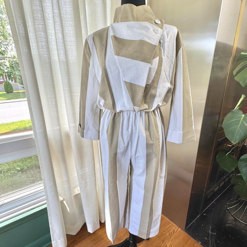 Vintage 80s jumpsuit, taupe & white stripes, avant-garde style, asymmetric top
